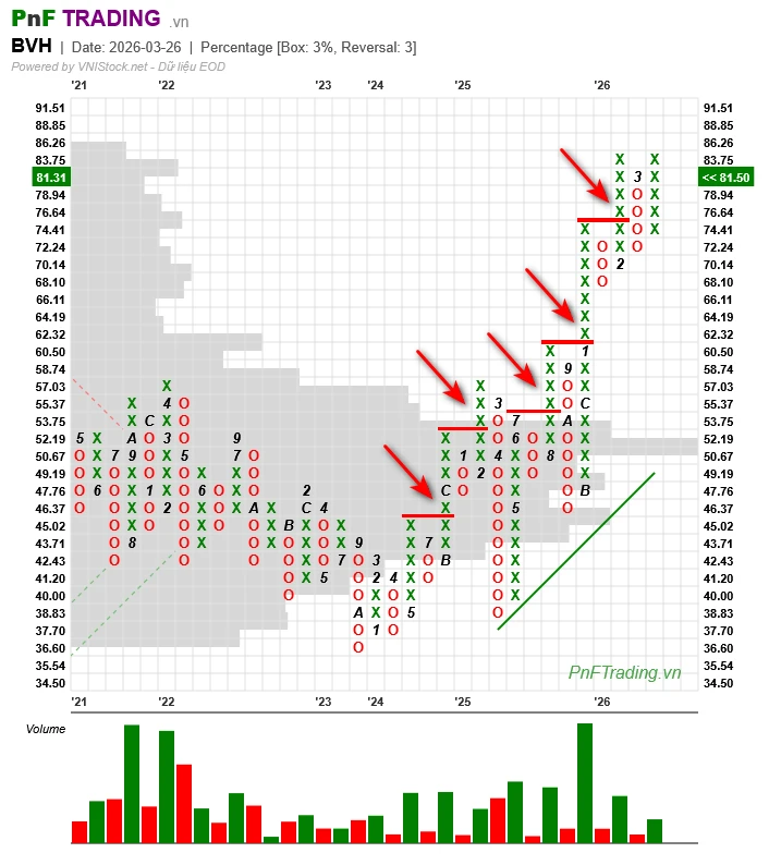 Mô hình Đột phá đỉnh đôi - Double Top Breakout trên biểu đồ PnF cổ phiếu BVH